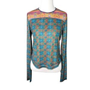 Natural Life Sheer Mesh Top Long Sleeve Floral Boho Flower Power Vibrant Sz L